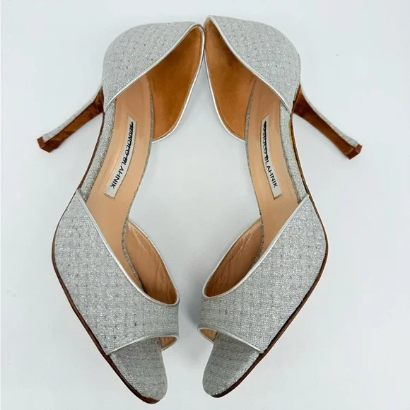 Manolo Blahnik Vintage Metallic Silver plaid Open toe D’orsay pumps EU 41.5